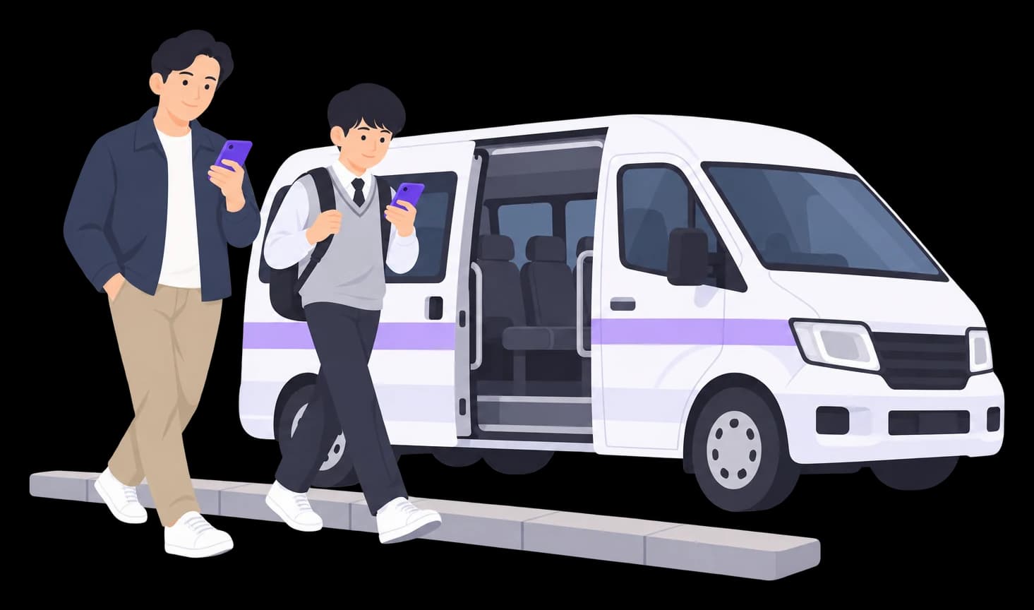 학원 셔틀버스 옆 인도. 학생과 보호자가 각자 휴대폰으로 안내 링크를 보며 걷고 있다