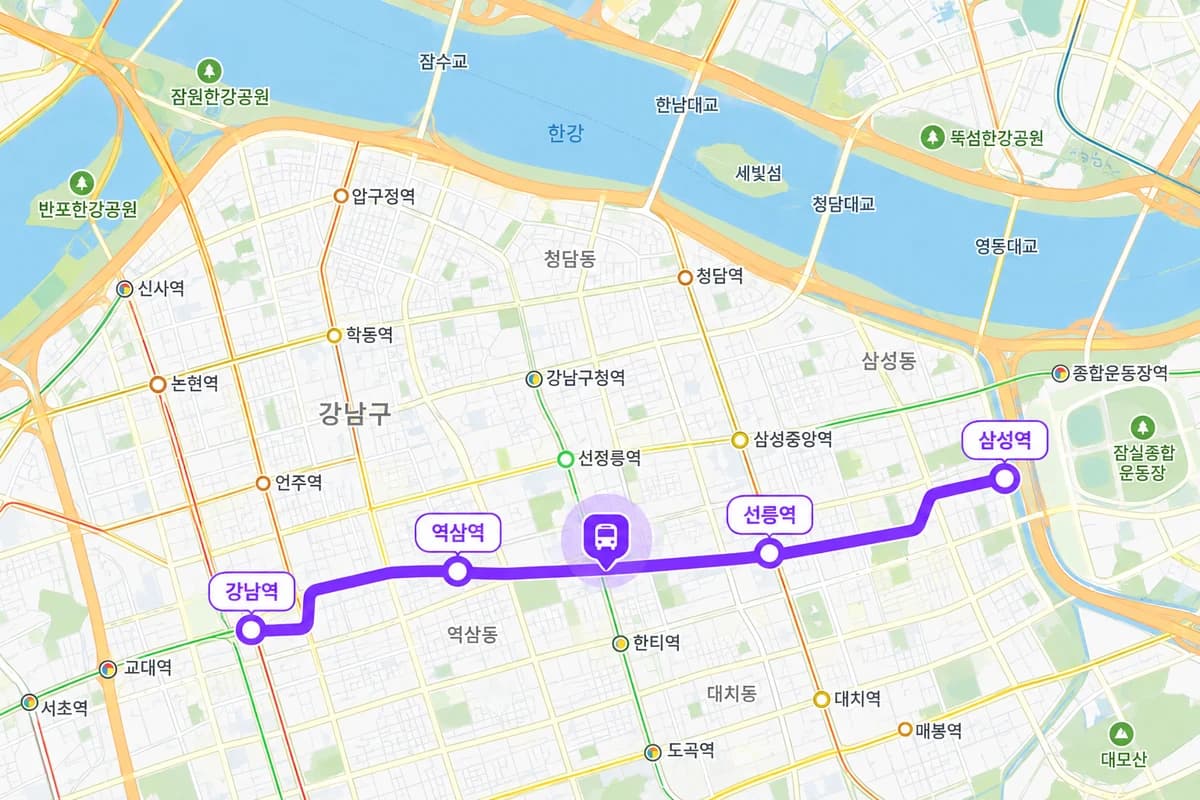 지도 위 노선과 운행 중인 버스 위치